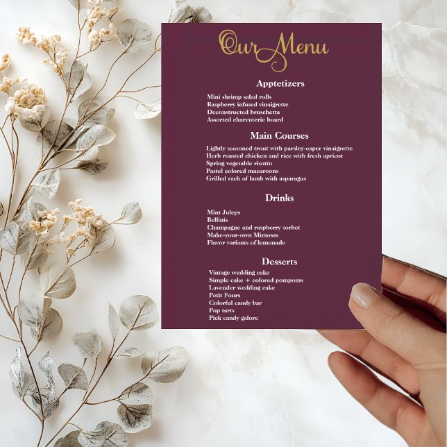 Elegant Gold Calligraphy on Purple Wedding Dinner Menu (Creator Uploaded)