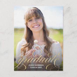 Elegant Gold Calligraphy Overlay Photo Graduation Postcard