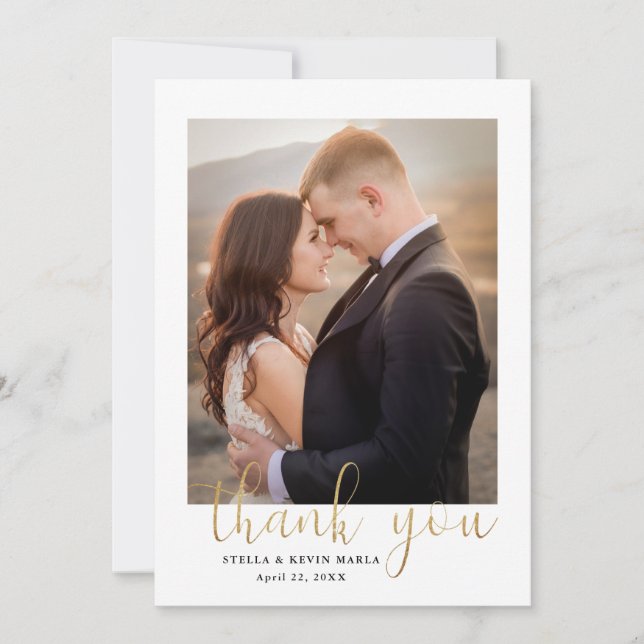 Elegant Gold Calligraphy Photo Overlay Wedding Thank You Card (Front)
