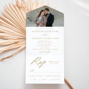 Elegant Gold Calligraphy Photo Wedding All In One Invitation