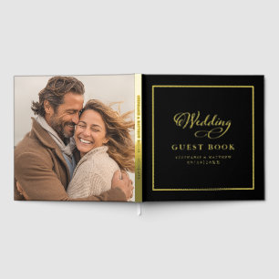 Elegant Gold Calligraphy Photo Wedding Chic Black  Guest Book