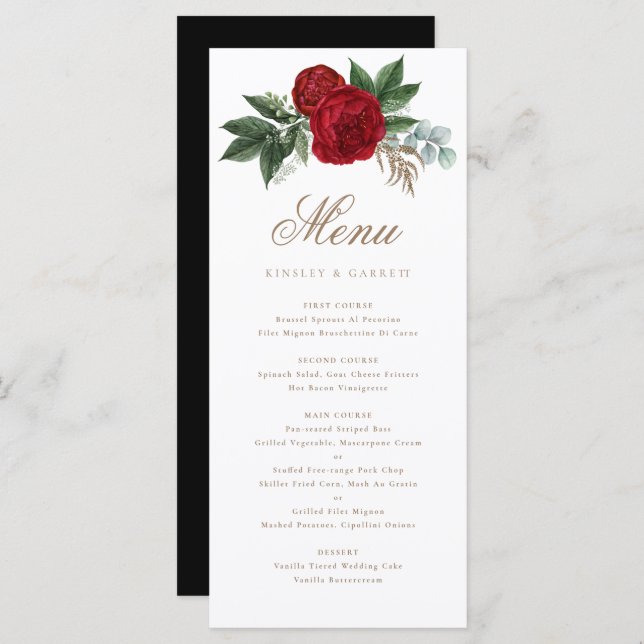 Elegant Gold Calligraphy Red Floral Black & White Menu (Front/Back)