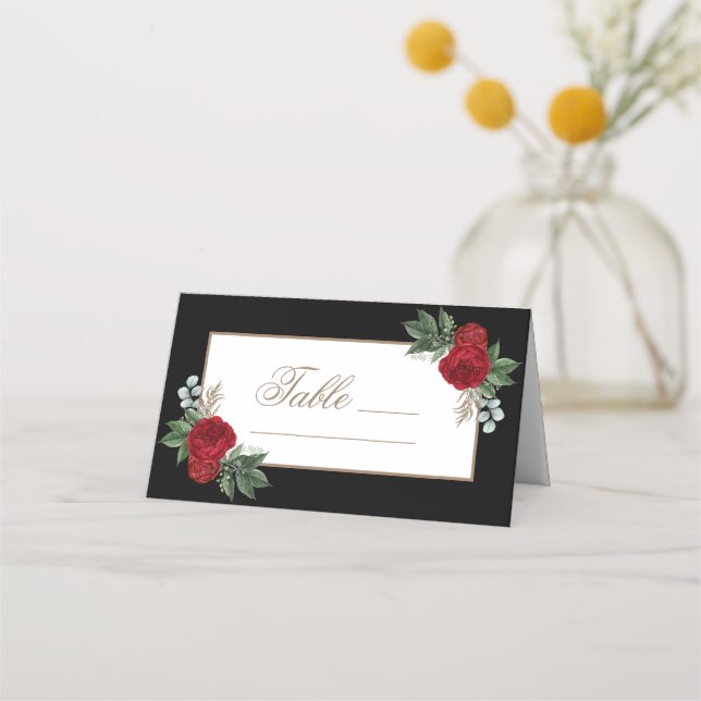 Elegant Gold Calligraphy Red Floral Place Card (Front)
