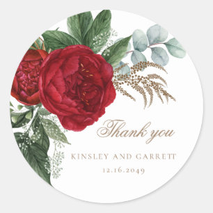 Elegant Gold Calligraphy Red Floral Wedding Classic Round Sticker