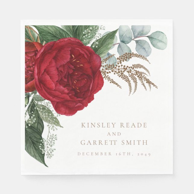 Elegant Gold Calligraphy Red Floral Wedding Napkin (Front)