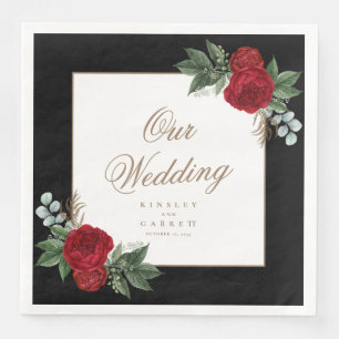 Elegant Gold Calligraphy Red Floral Wedding Napkin