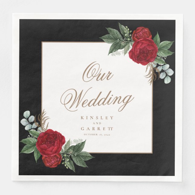 Elegant Gold Calligraphy Red Floral Wedding Napkin (Front)