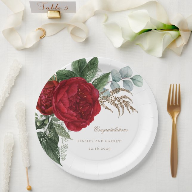 Elegant Gold Calligraphy Red Floral Wedding Paper Plate (Wedding)