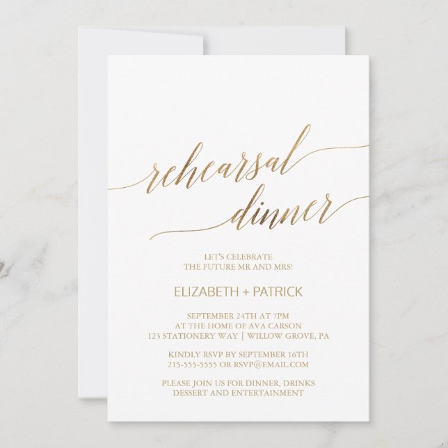 Elegant Gold Calligraphy Rehearsal Dinner Invitation (Front)