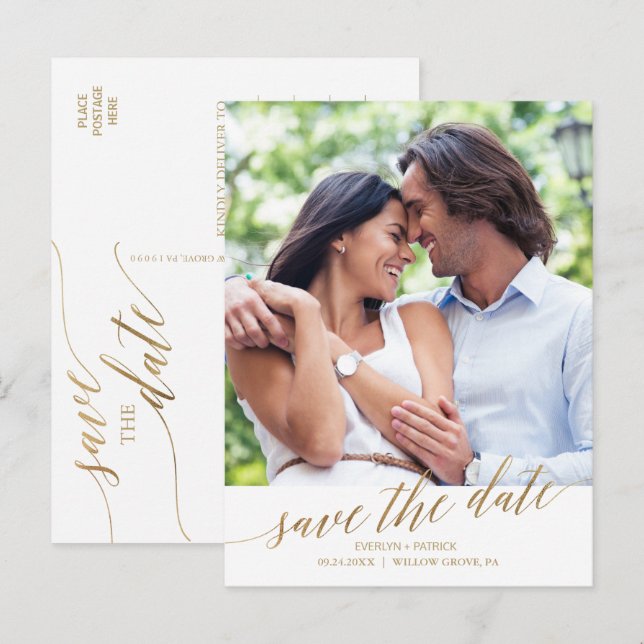 Elegant Gold Calligraphy Save the Date Photo Announcement Postcard (Front/Back)