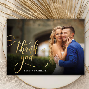 Elegant Gold Calligraphy Script 2 Photo Wedding Thank You Card