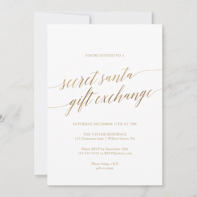 Elegant Gold Calligraphy Secret Santa Invitation (Front)