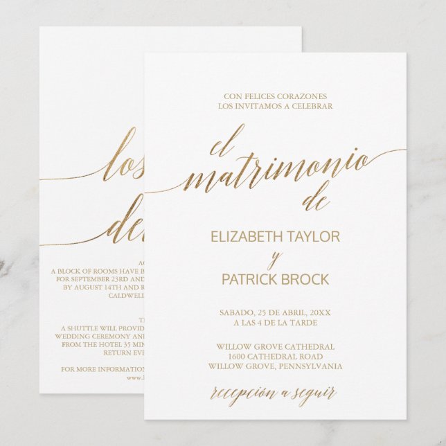 Elegant Gold Calligraphy | Spanish Details Wedding Invitation (Front/Back)