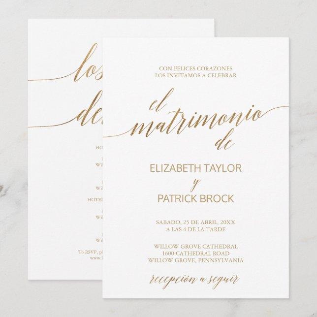 Elegant Gold Calligraphy | Spanish Details Wedding Invitation (Front/Back)