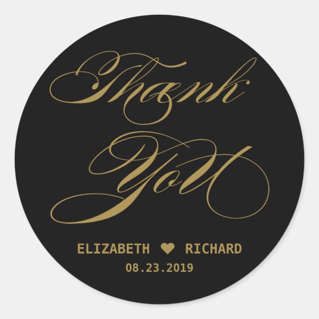 Elegant Gold  Calligraphy Thank You Wedding Favour Classic Round Sticker (Front)
