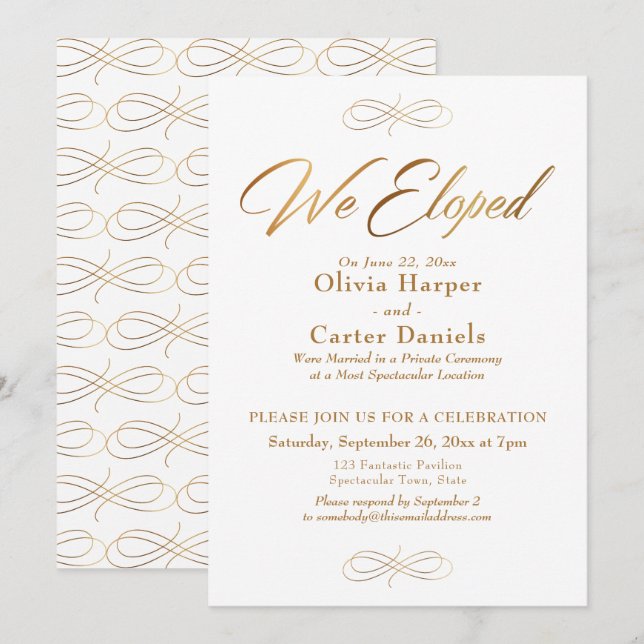 Elegant Gold Calligraphy We Eloped Reception Invitation (Front/Back)