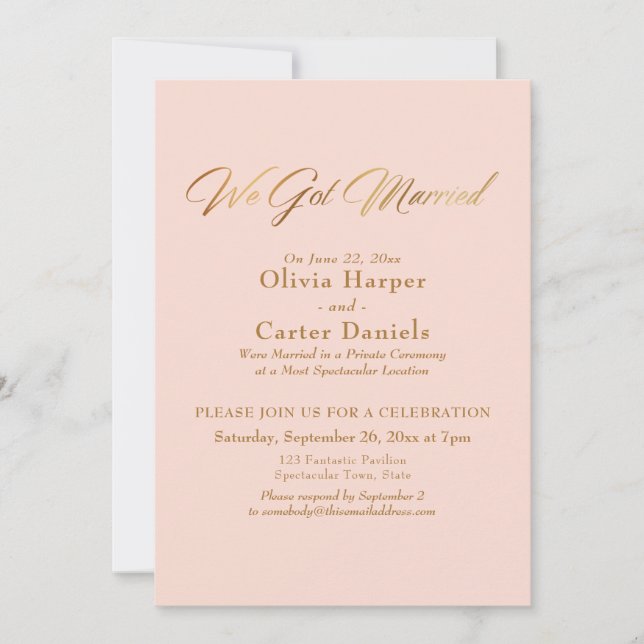 Elegant Gold Calligraphy We Got Married Blush Pink Invitation (Front)