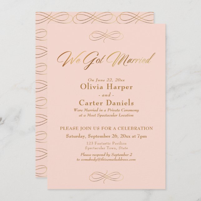 Elegant Gold Calligraphy We Got Married Blush Pink Invitation (Front/Back)