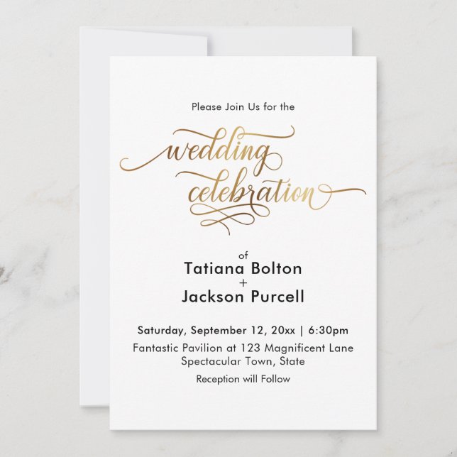 Elegant Gold Calligraphy Wedding Celebration Invitation (Front)