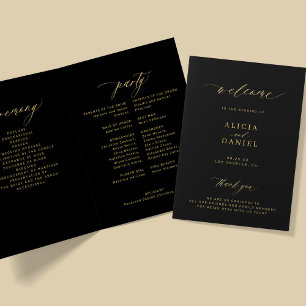 Elegant gold calligraphy wedding party black programme