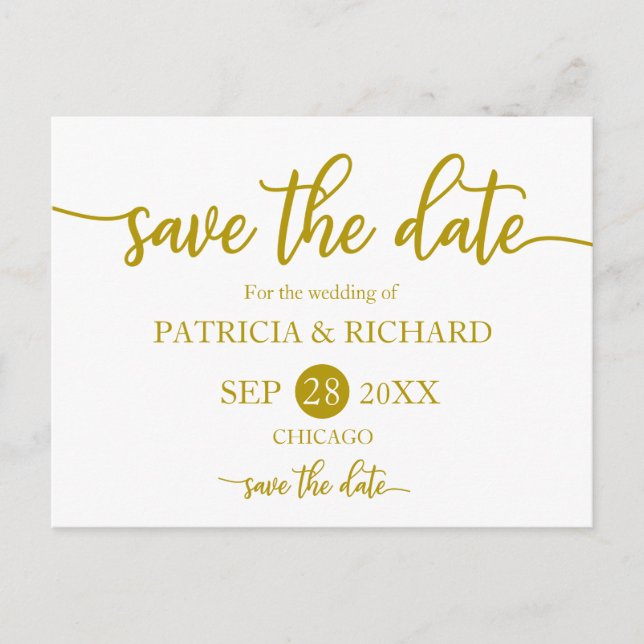 Elegant Gold Calligraphy Wedding Save The Date Postcard (Front)
