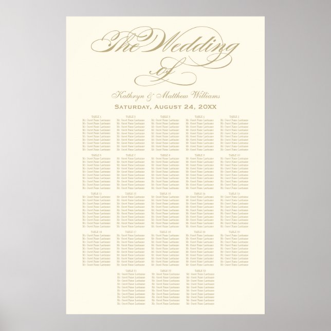 Elegant Gold Calligraphy Wedding Seating Chart (Front)