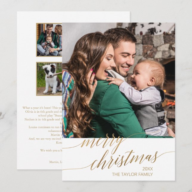 Elegant Gold Calligraphy Year In Review Photo Holiday Card (Front/Back)