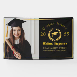 Elegant Gold Cap Laurel Wreath Graduation Party  Banner