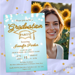 Elegant Gold Cap on Blue Photo Graduation Party Invitation