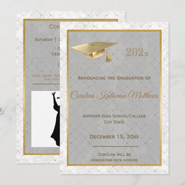 Elegant Gold Cap Photo Graduation Announcement (Front/Back)