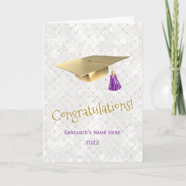 Elegant Gold Cap Purple Congratulations Graduation Card (Front)