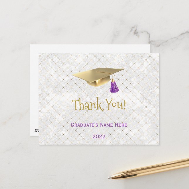 Elegant Gold Cap Purple Thank You Graduation Postcard (Front/Back In Situ)