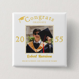 Elegant Gold Cap Typography Graduation Party Photo 15 Cm Square Badge
