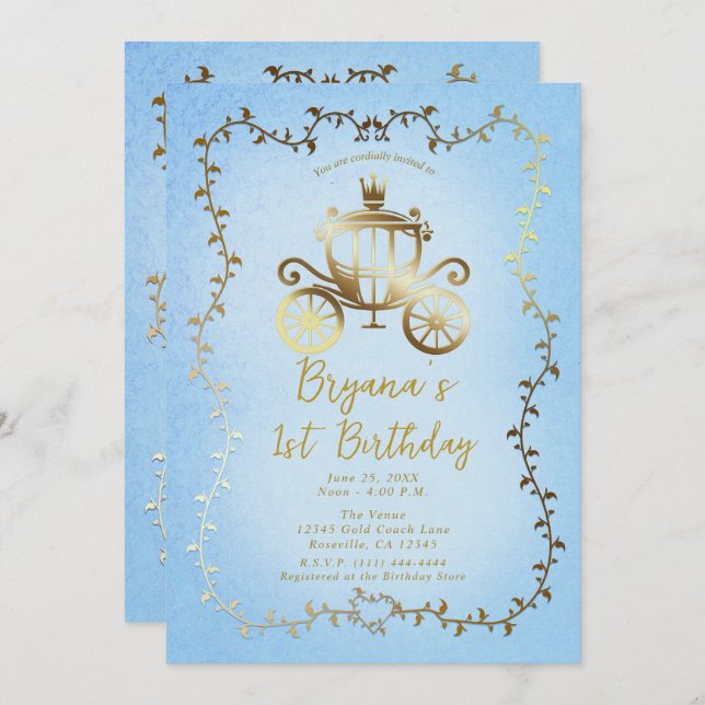Elegant Gold Carriage Blue Storybook 1st Birthday Invitation (Front/Back)