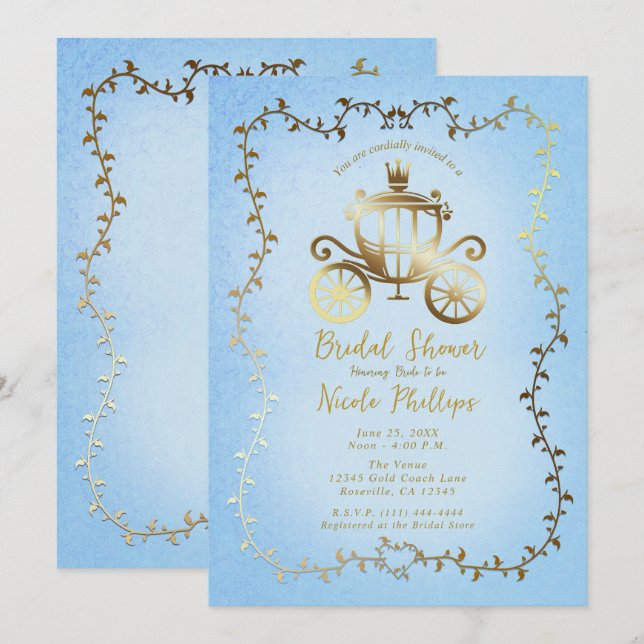 Elegant Gold Carriage Blue Storybook Bridal  Invitation (Front/Back)