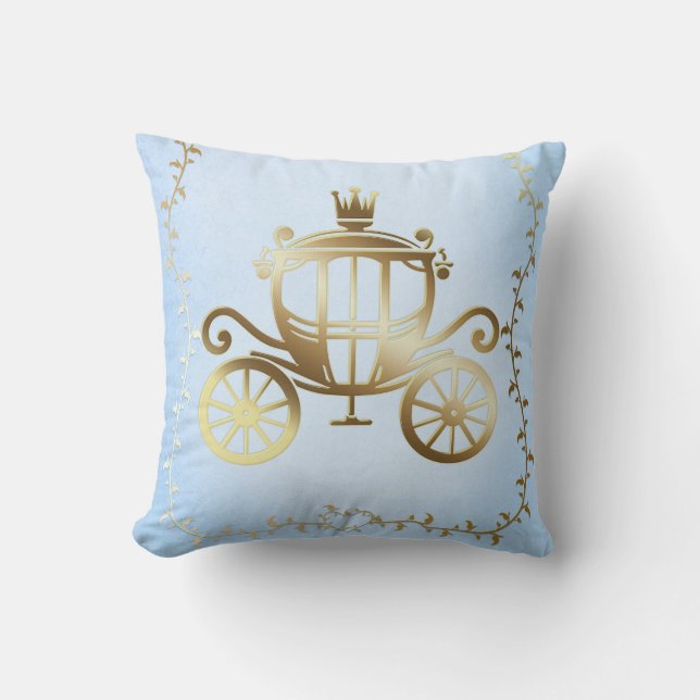 Elegant Gold Carriage Blue Storybook Princess Cushion (Front)