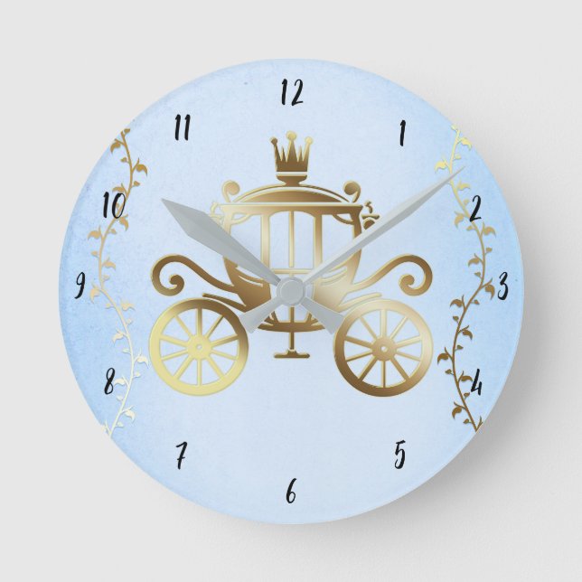 Elegant Gold Carriage Blue Storybook Princess Round Clock (Front)