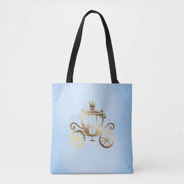 Elegant Gold Carriage Blue Storybook Princess Tote Bag (Front)