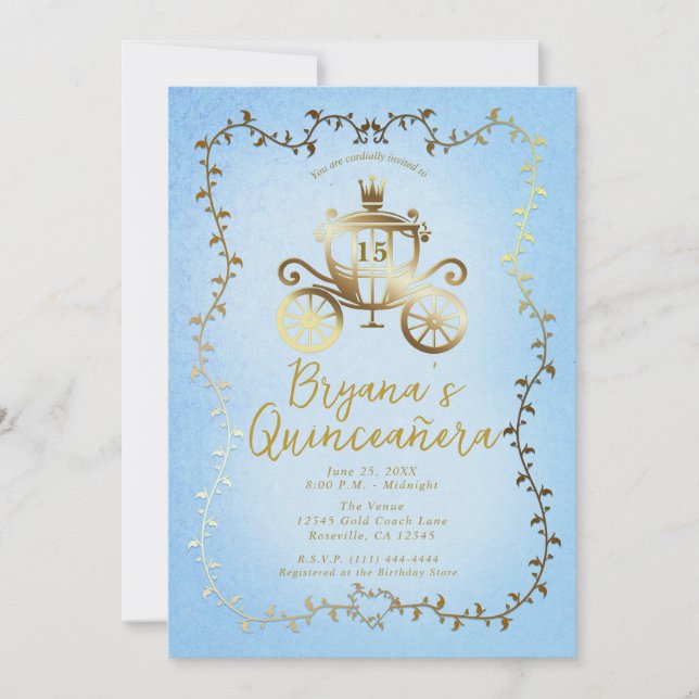 Elegant Gold Carriage Blue Storybook Quinceañera Invitation (Front)