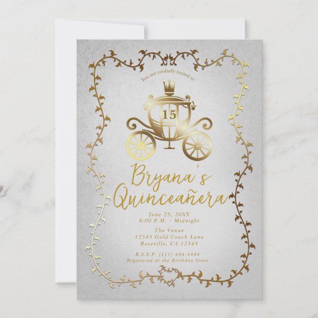 Elegant Gold Carriage Blue Storybook Quinceañera Invitation (Front)