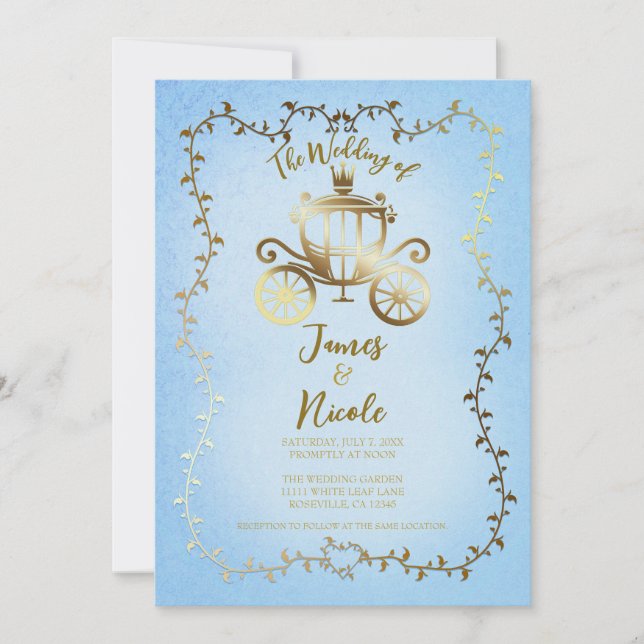 Elegant Gold Carriage Blue Storybook Wedding Invitation (Front)