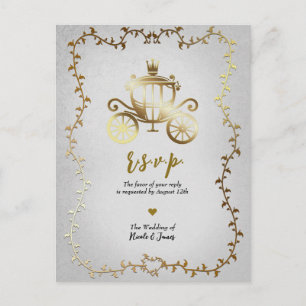 Elegant Gold Carriage Storybook Wedding R.S.V.P. Announcement Postcard