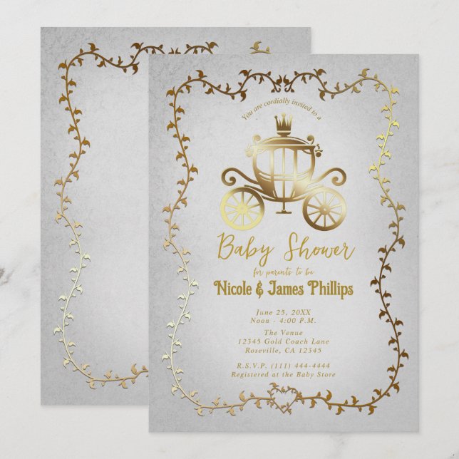 Elegant Gold Carriage White Storybook Baby Shower  Invitation (Front/Back)
