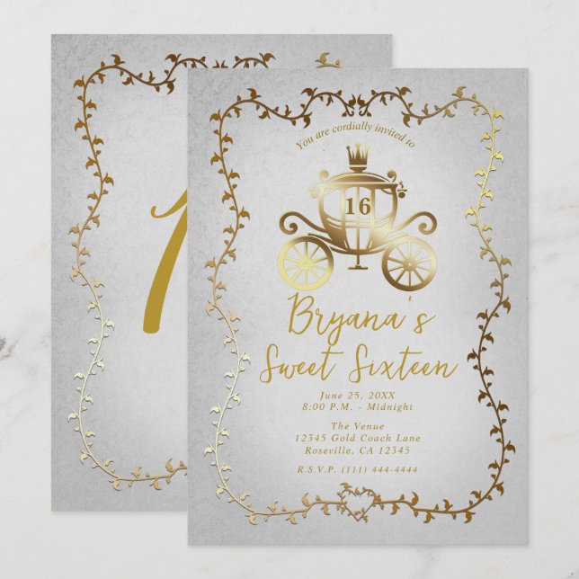 Elegant Gold Carriage White Storybook Sweet 16 Invitation (Front/Back)