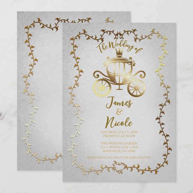 Elegant Gold Carriage White Storybook Wedding Invitation (Front/Back)