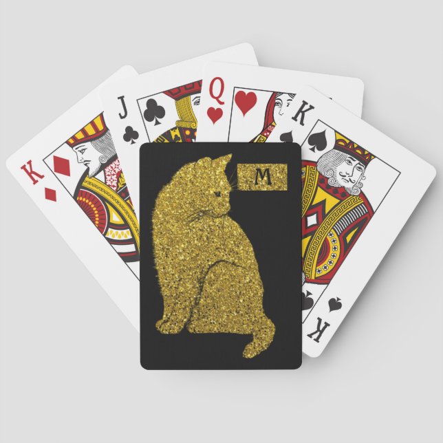 Elegant Gold Cat on Black Cat Lover Monogram Playing Cards (Back)
