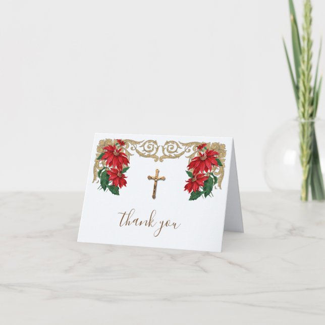 Elegant Gold Catholic Crucifix Pointsettia Holiday Card (Front)