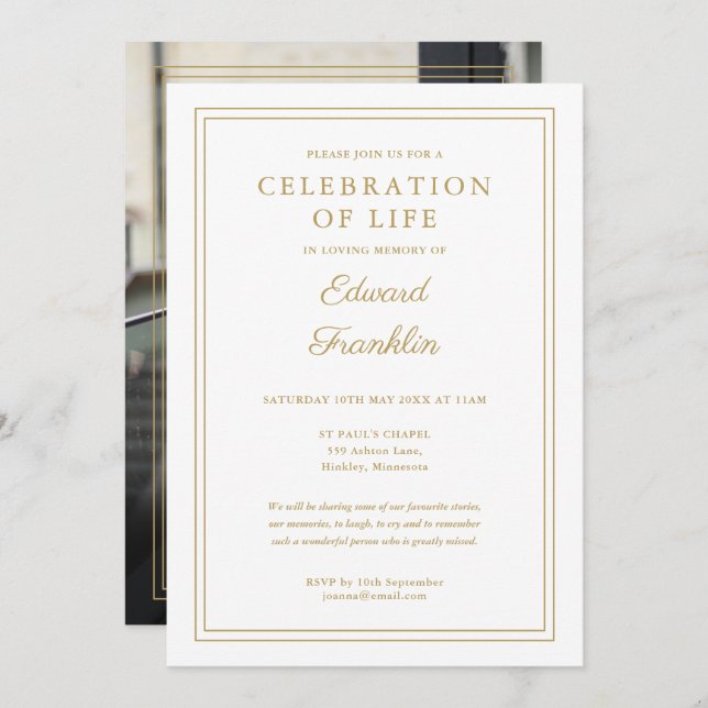 Elegant Gold Celebration Of Life Funeral Photo Invitation (Front/Back)
