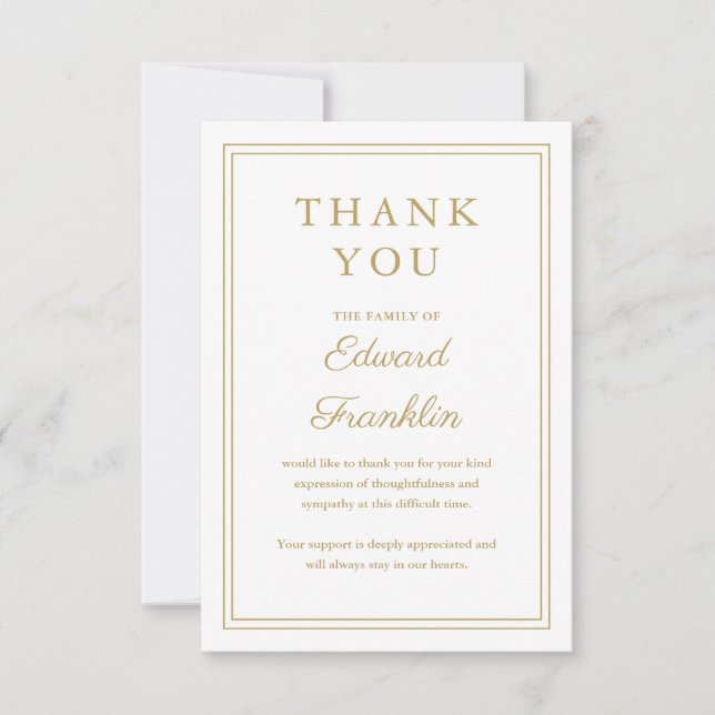 Elegant Gold Celebration Of Life Funeral Thank You Card (Front)