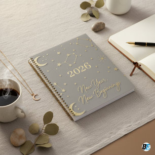 Elegant Gold Celestial Grey New Year Planner
